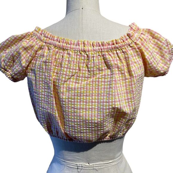 NWT BCBGeneration Yellow Pink Checkered Crop Top Size Small - Picture 3 of 10